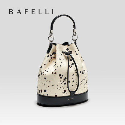 Genuine Leather Bucket Bag – Dot Pattern Drawstring