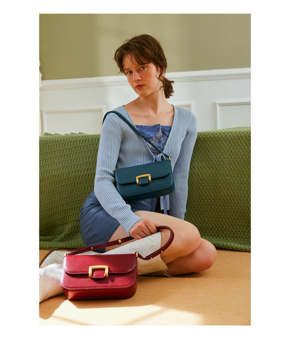 Structured Split Leather Square Shoulder Bag