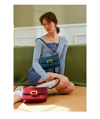 Structured Split Leather Square Shoulder Bag