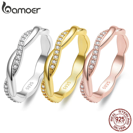 Elegant Twisted Zircon Eternity Ring – 925 Sterling Silver and 14K Gold Plated