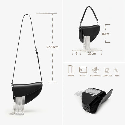 Genuine Leather Saddle Crossbody and Shoulder Bag – Tassel Flap Design
