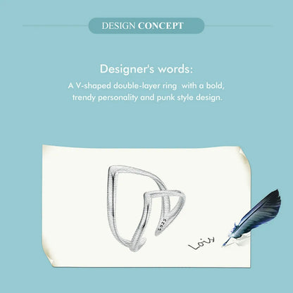 925 Sterling Silver Adjustable V-Shaped Ring with Double-Layer Design
