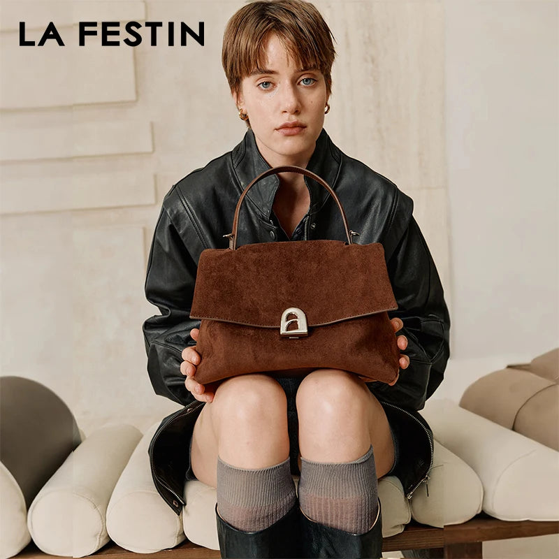 Split Leather Shoulder Crossbody Tote Bag