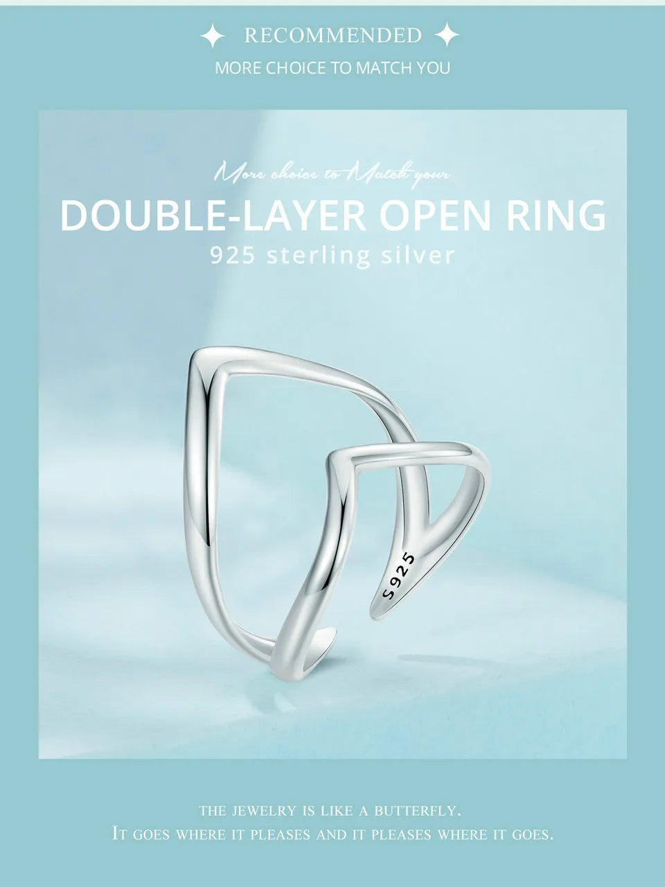 925 Sterling Silver Adjustable V-Shaped Ring with Double-Layer Design
