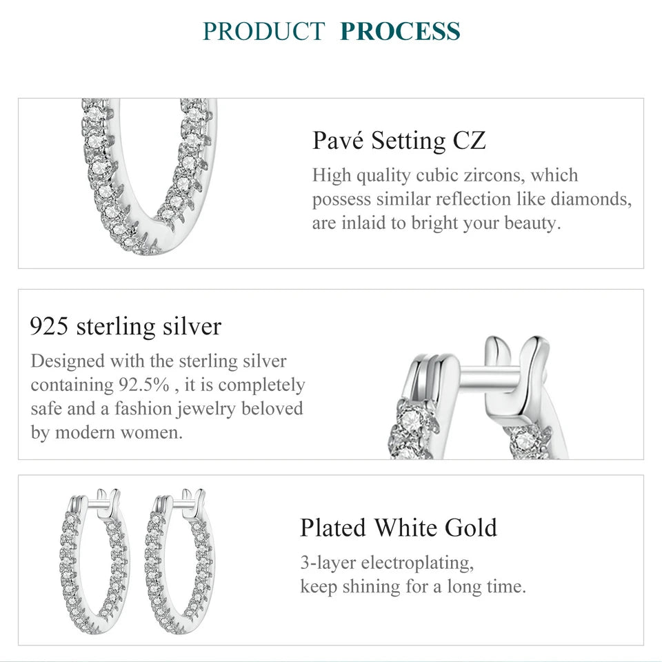 Sterling Silver Hoop Earrings – White Gold Plated with Zircon