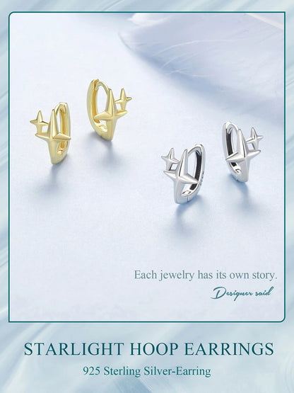925 Sterling Silver Starlight Hoop Earrings – Minimalist Double Star Huggie