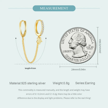 Zircon Stud Earrings with Chain – 925 Sterling Silver Double Hoop
