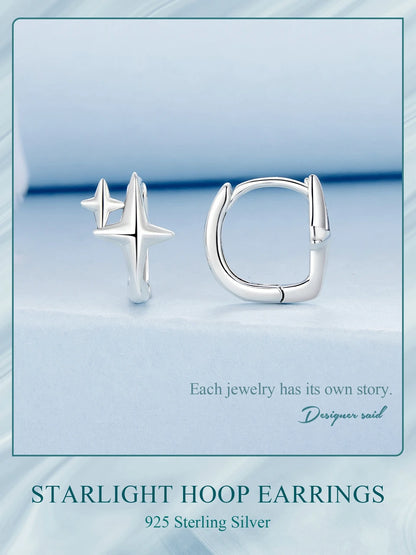 925 Sterling Silver Starlight Hoop Earrings – Minimalist Double Star Huggie