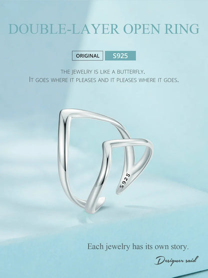 925 Sterling Silver Adjustable V-Shaped Ring with Double-Layer Design