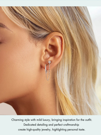 Zircon Stud Earrings with Chain – 925 Sterling Silver Double Hoop