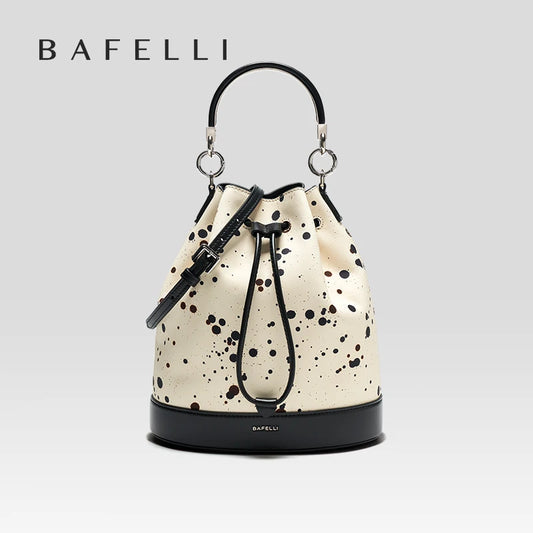 Genuine Leather Bucket Bag – Dot Pattern Drawstring