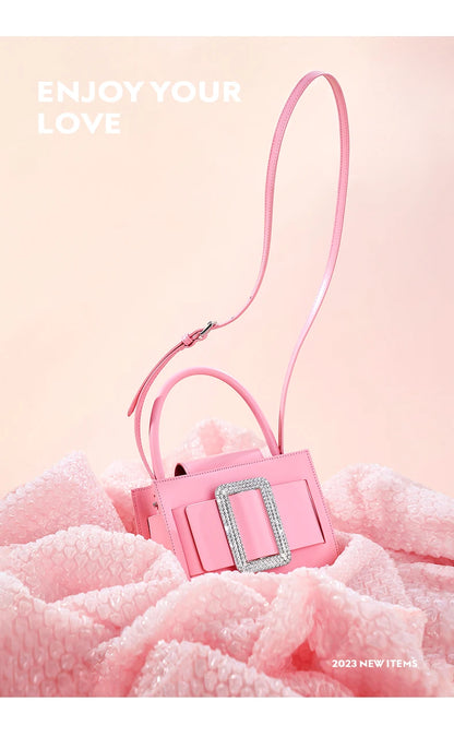 Genuine Leather Boxy Satchel – Diamond Accent Shoulder Bag