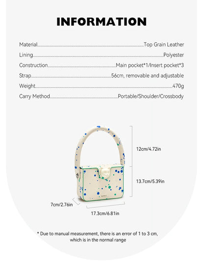 Boxy Genuine Leather Flap Bag – Dot Pattern Cat Design
