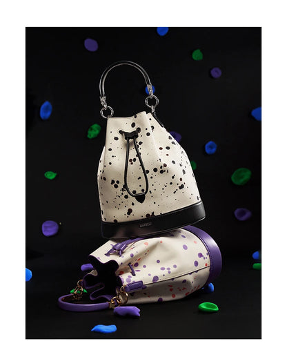 Genuine Leather Bucket Bag – Dot Pattern Drawstring