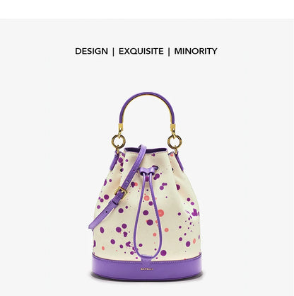 Genuine Leather Bucket Bag – Dot Pattern Drawstring