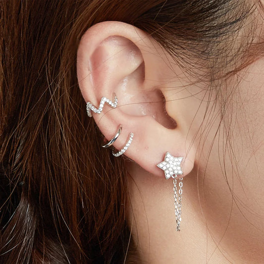 925 Sterling Silver CZ Ear Cuff Clip Earring with Geometric Design