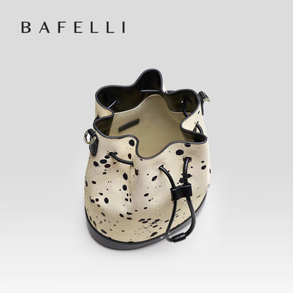 Genuine Leather Bucket Bag – Dot Pattern Drawstring