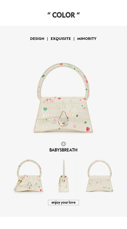 Genuine Leather Half Moon Flap Bag with Floral Pattern