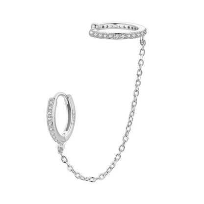 Zircon Stud Earrings with Chain – 925 Sterling Silver Double Hoop