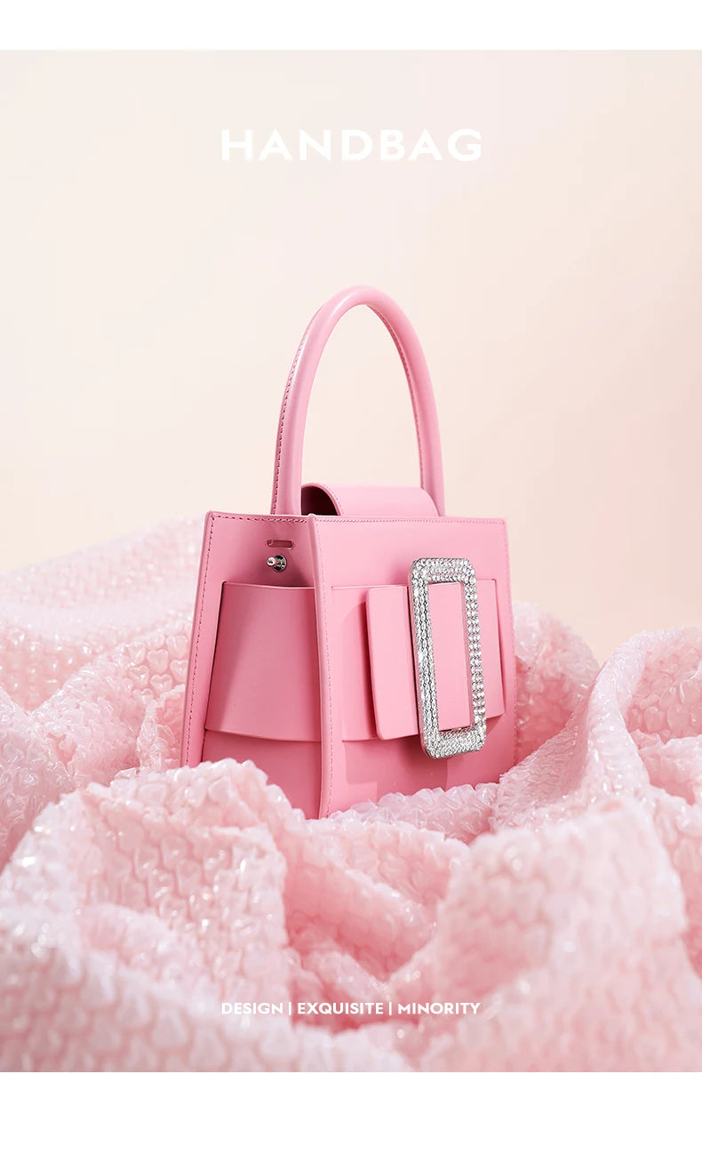 Genuine Leather Boxy Satchel – Diamond Accent Shoulder Bag