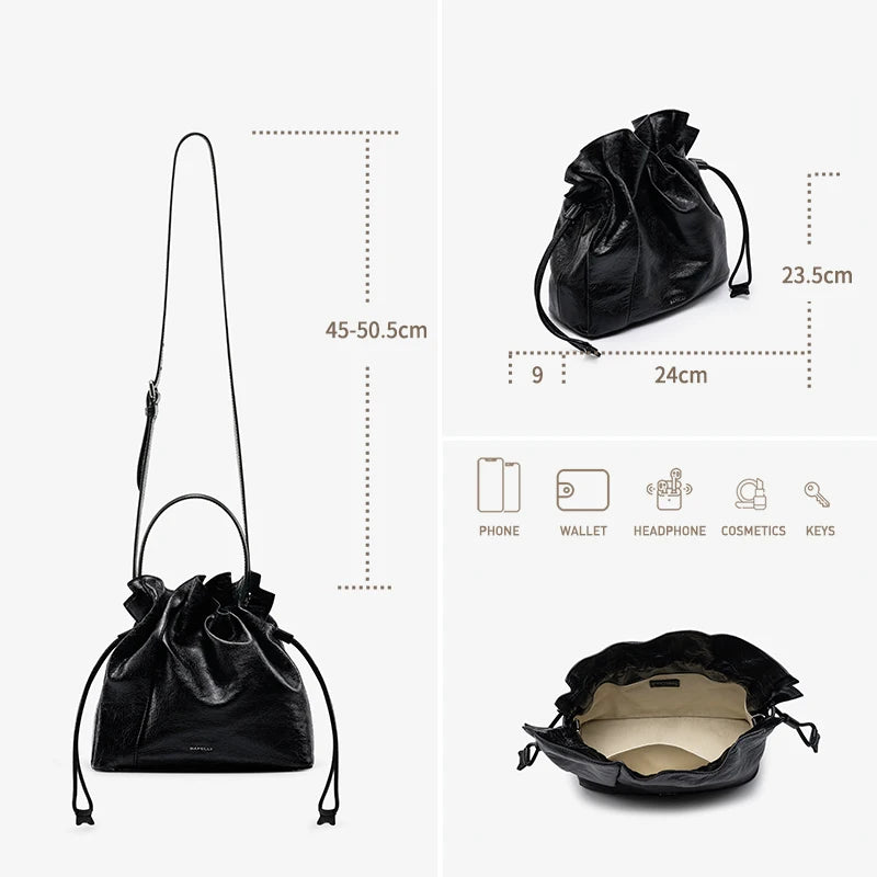 Genuine Leather Bucket Bag – Soft Casual with Open Pocket