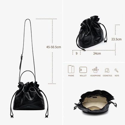 Genuine Leather Bucket Bag – Soft Casual with Open Pocket