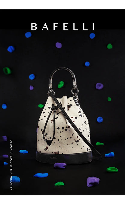 Genuine Leather Bucket Bag – Dot Pattern Drawstring