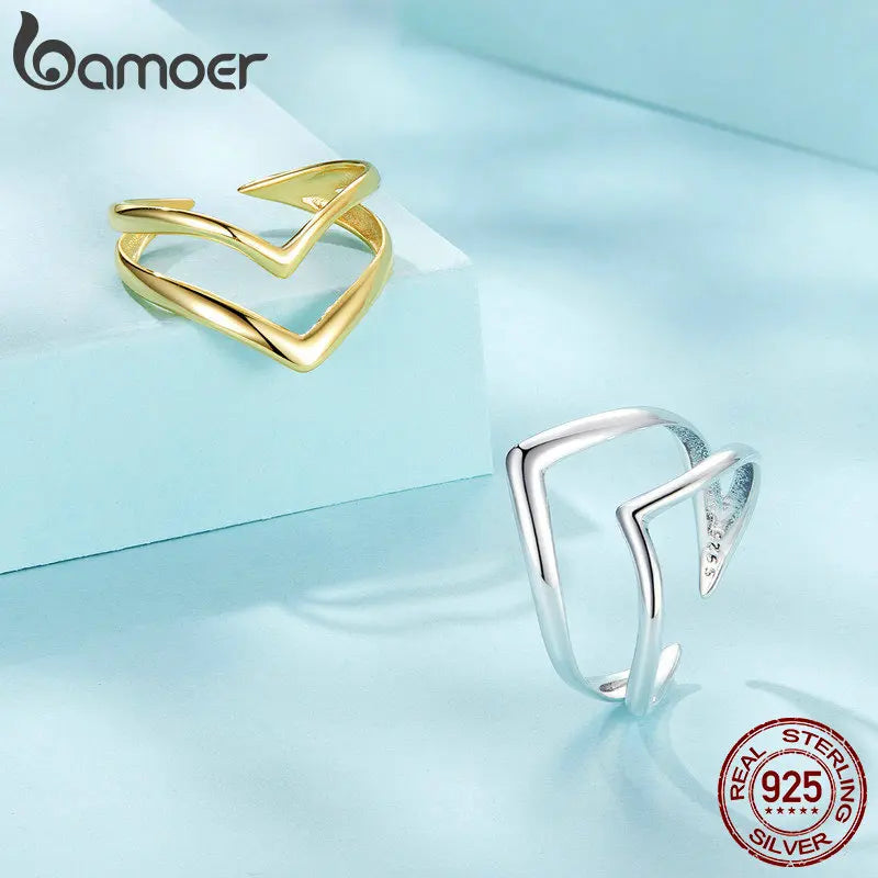925 Sterling Silver Adjustable V-Shaped Ring with Double-Layer Design