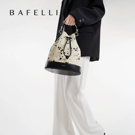 Genuine Leather Bucket Bag – Dot Pattern Drawstring