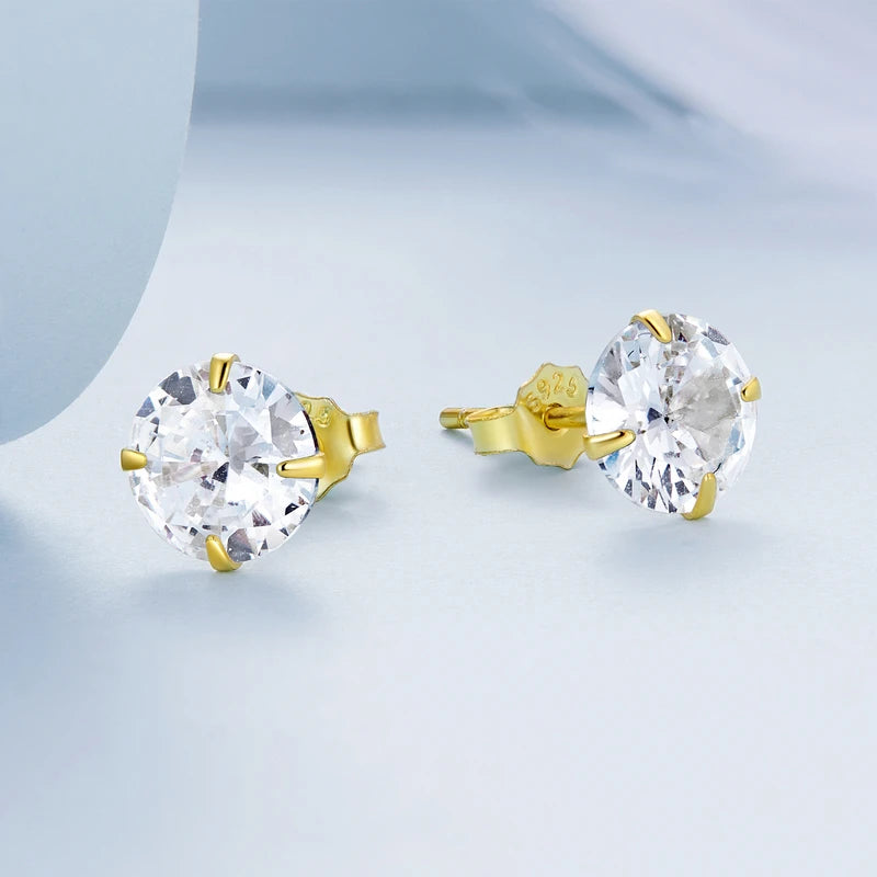 Platinum Plated 925 Sterling Silver Stud Earrings with Round Zircon