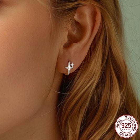 925 Sterling Silver Starlight Hoop Earrings – Minimalist Double Star Huggie
