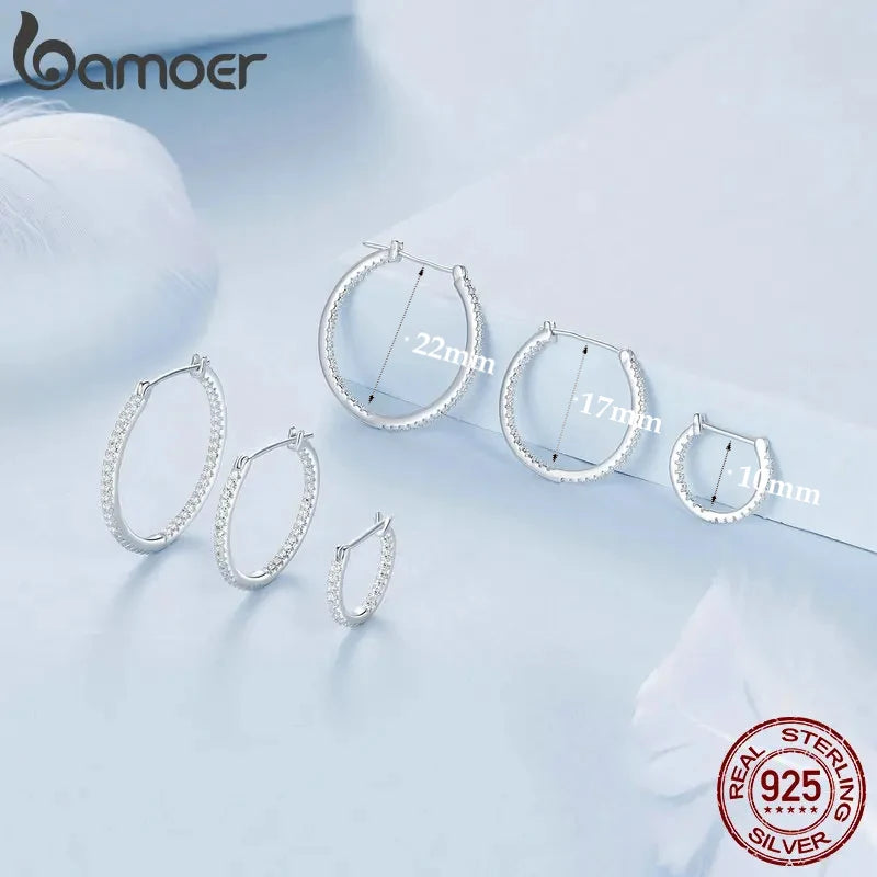 Sterling Silver Hoop Earrings – White Gold Plated with Zircon