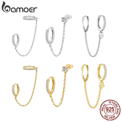 Zircon Stud Earrings with Chain – 925 Sterling Silver Double Hoop