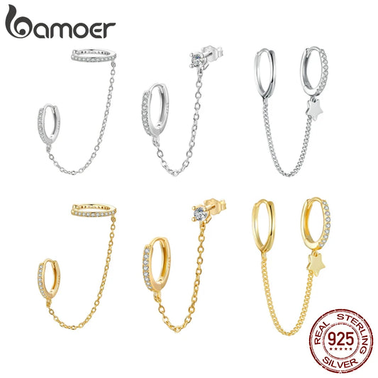Zircon Stud Earrings with Chain – 925 Sterling Silver Double Hoop