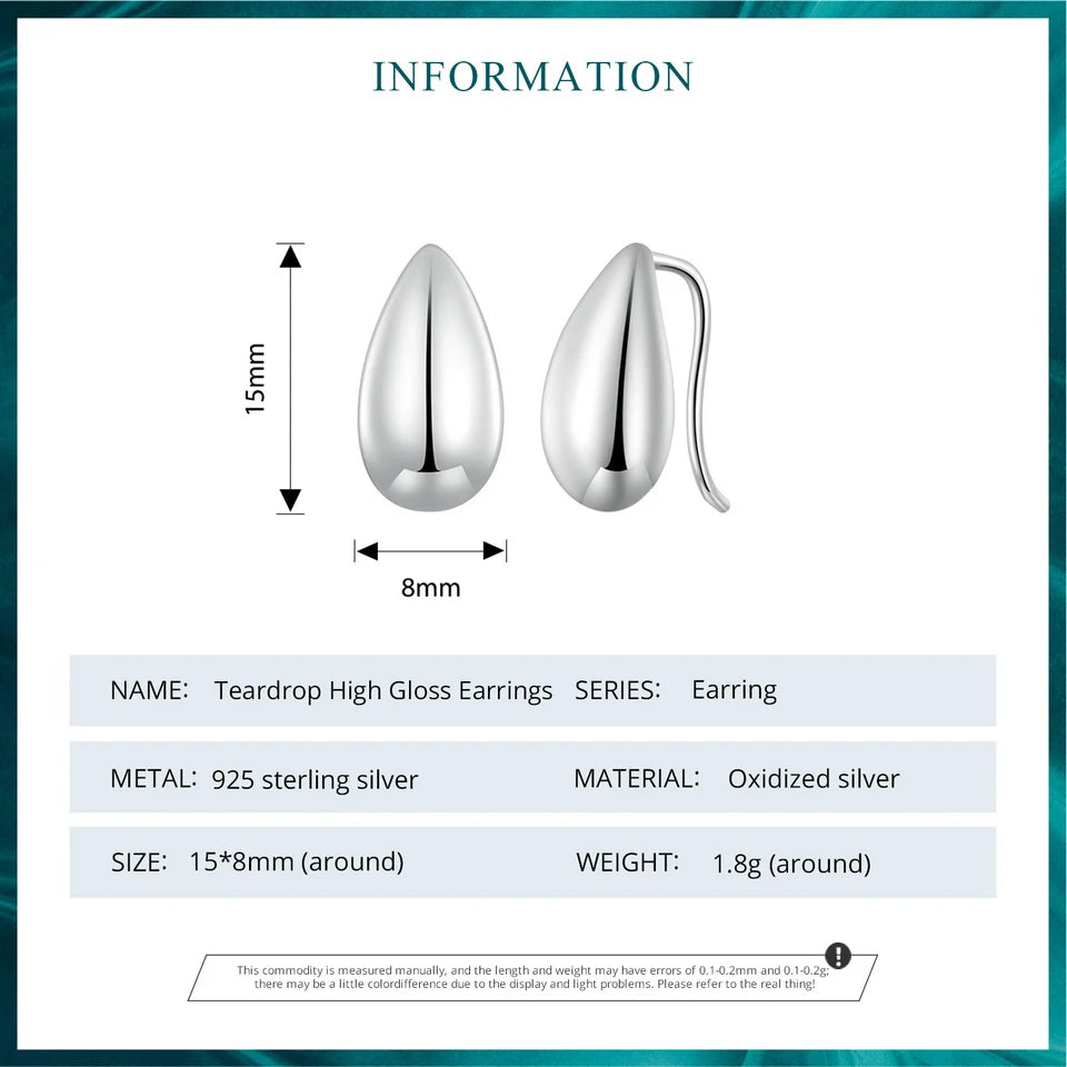 Glossy Waterdrop Stud Earrings – 925 Sterling Silver