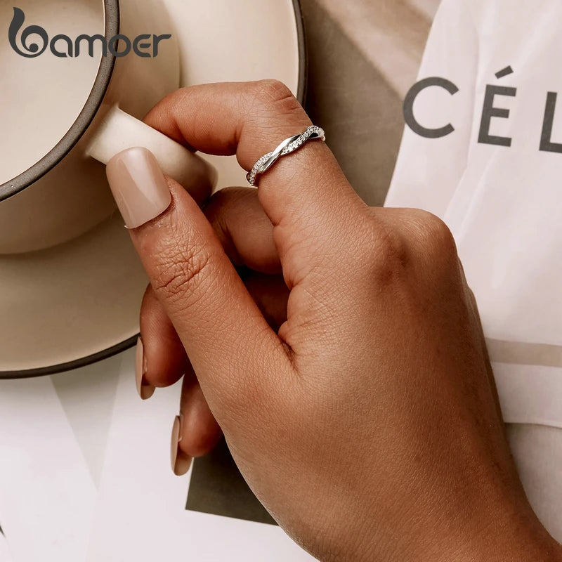 Elegant Twisted Zircon Eternity Ring – 925 Sterling Silver and 14K Gold Plated