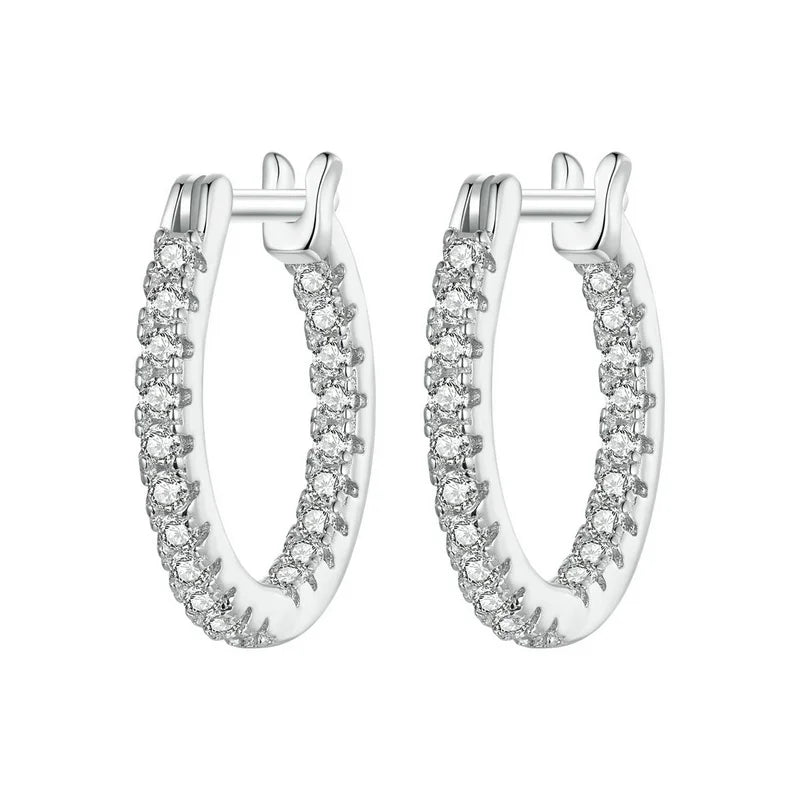 Sterling Silver Hoop Earrings – White Gold Plated with Zircon