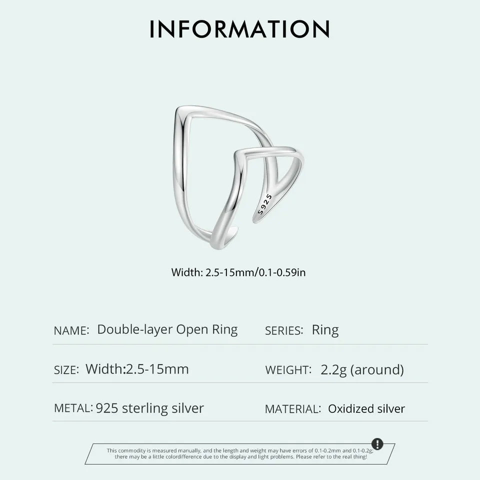 925 Sterling Silver Adjustable V-Shaped Ring with Double-Layer Design