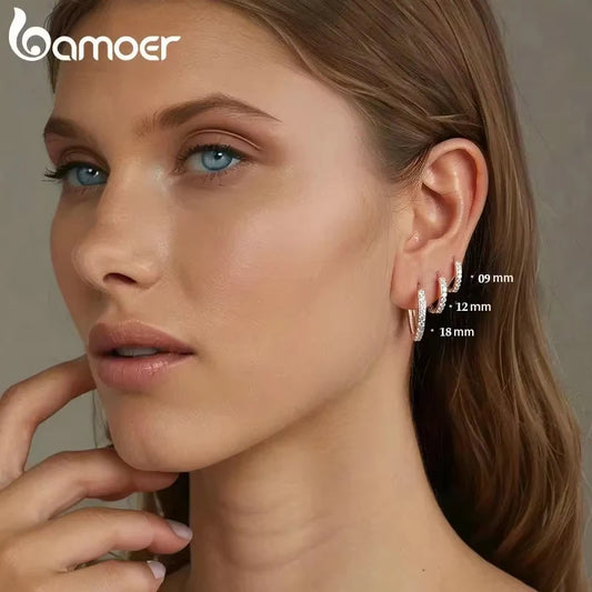 925 Sterling Silver CZ Huggie Hoop Earrings with Geometric Design