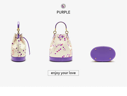 Genuine Leather Bucket Bag – Dot Pattern Drawstring