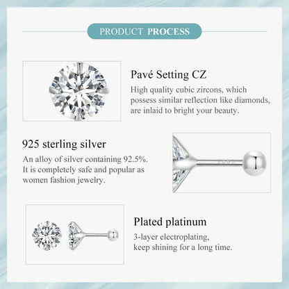 Round Zircon Stud Earrings – 925 Sterling Silver Platinum Plated