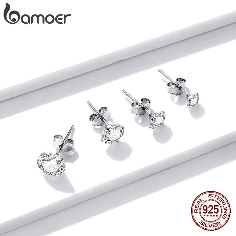 Platinum Plated 925 Sterling Silver Stud Earrings with Round Zircon
