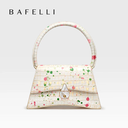 Genuine Leather Half Moon Flap Bag with Floral Pattern