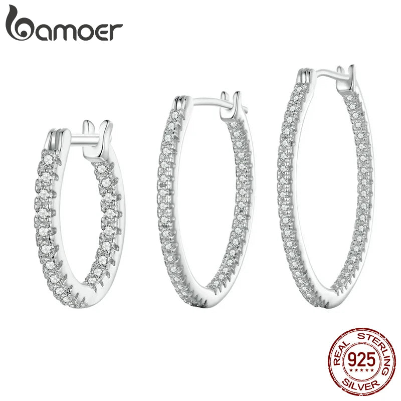 Sterling Silver Hoop Earrings – White Gold Plated with Zircon