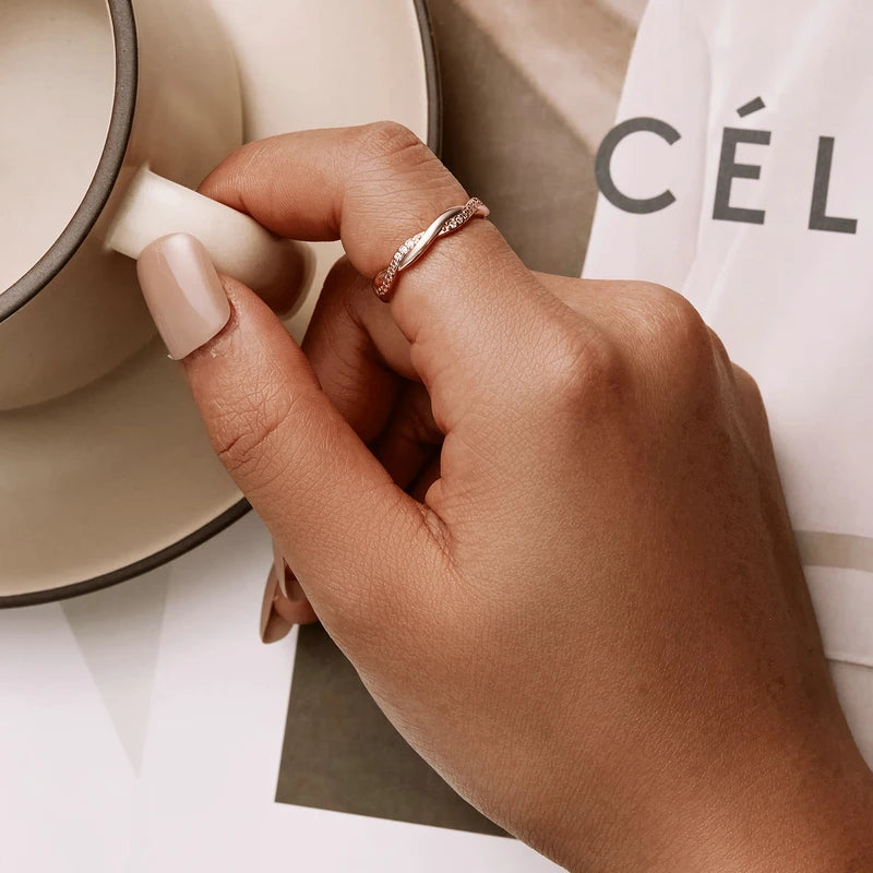 Elegant Twisted Zircon Eternity Ring – 925 Sterling Silver and 14K Gold Plated