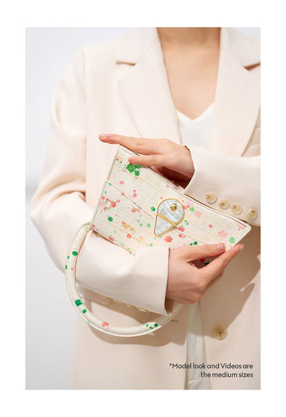 Genuine Leather Half Moon Flap Bag with Floral Pattern