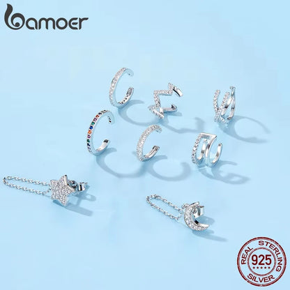 925 Sterling Silver CZ Ear Cuff Clip Earring with Geometric Design