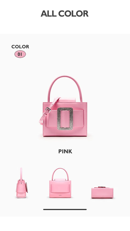 Genuine Leather Boxy Satchel – Diamond Accent Shoulder Bag