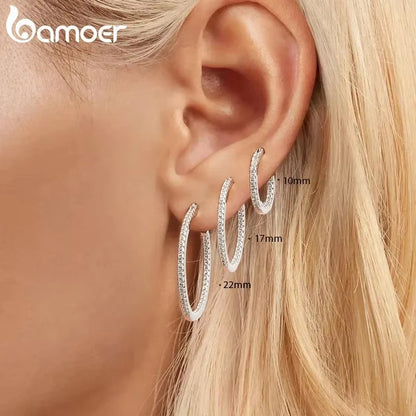 Sterling Silver Hoop Earrings – White Gold Plated with Zircon