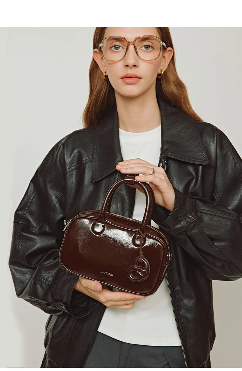 Genuine Leather Bowling Crossbody Bag